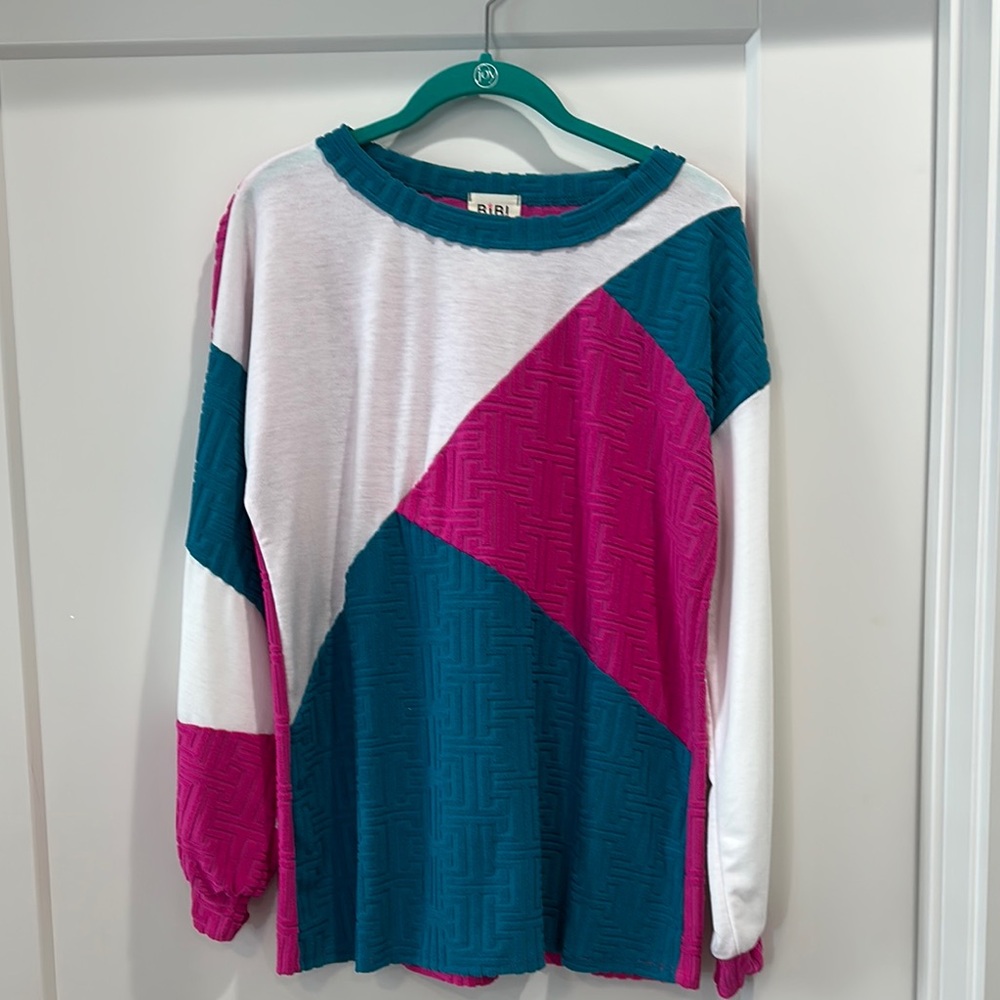 BiBi Vibrant Teal and Pink Patterned Top